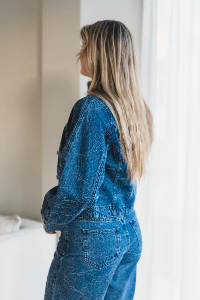 Alia LS Embroidery Denim Jacket Dark Blue Denim