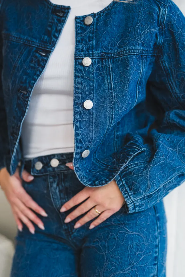 Alia LS Embroidery Denim Jacket Dark Blue Denim