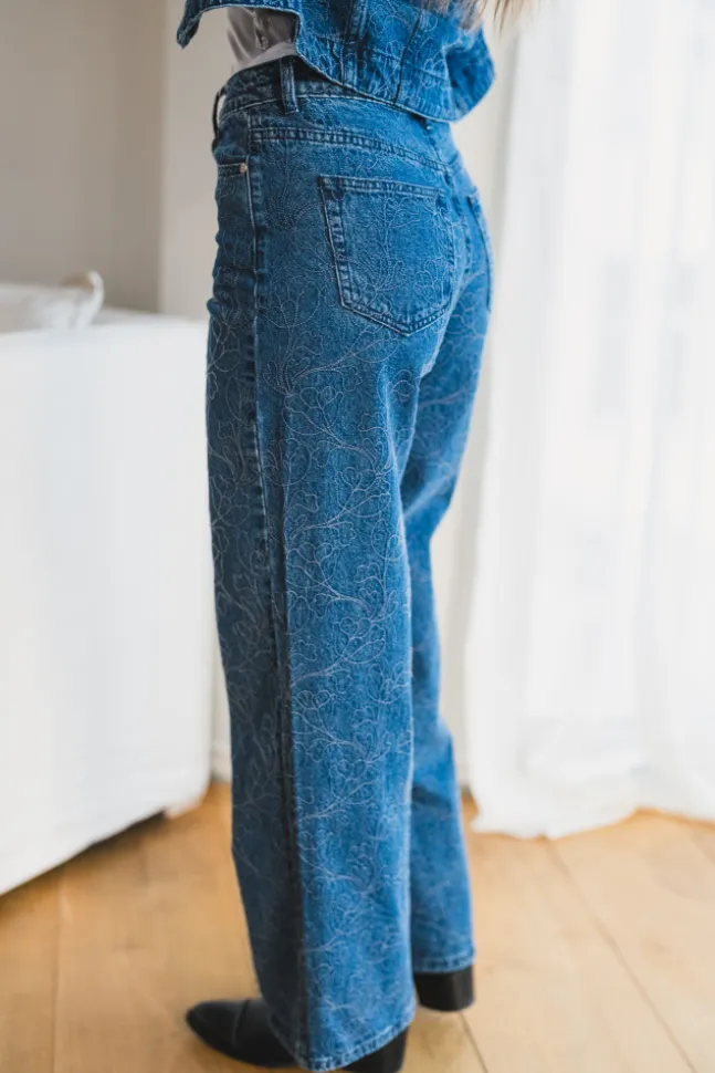 Alia MW Embroidery Wide Jeans Dark Blue Denim
