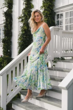 Amaia Chiffon Slip Maxi Dress Pastel Floral Pistachio