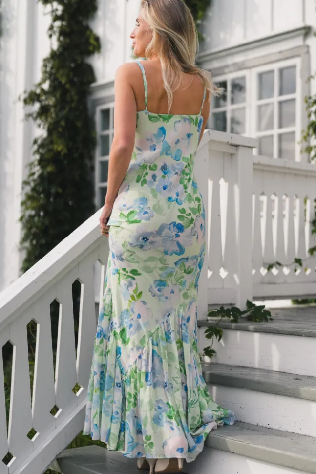 Amaia Chiffon Slip Maxi Dress Pastel Floral Pistachio
