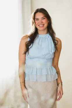 Ansol Solid Chiffon Top Light Blue