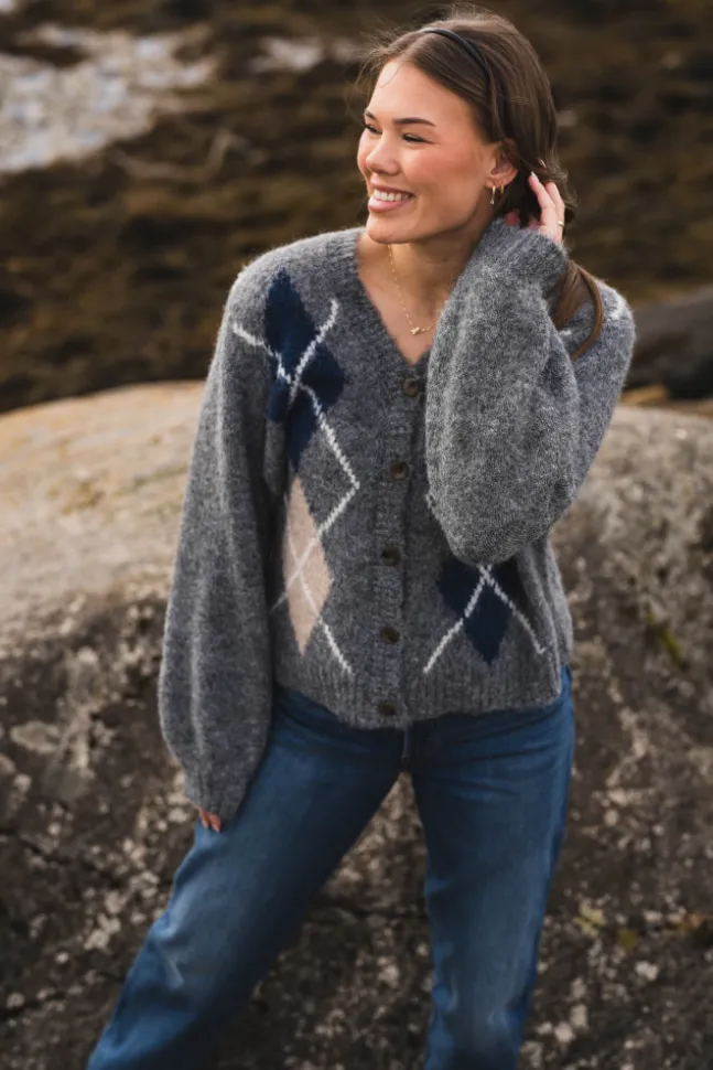 Beleney Small Check Fluff Cardigan Dark Grey