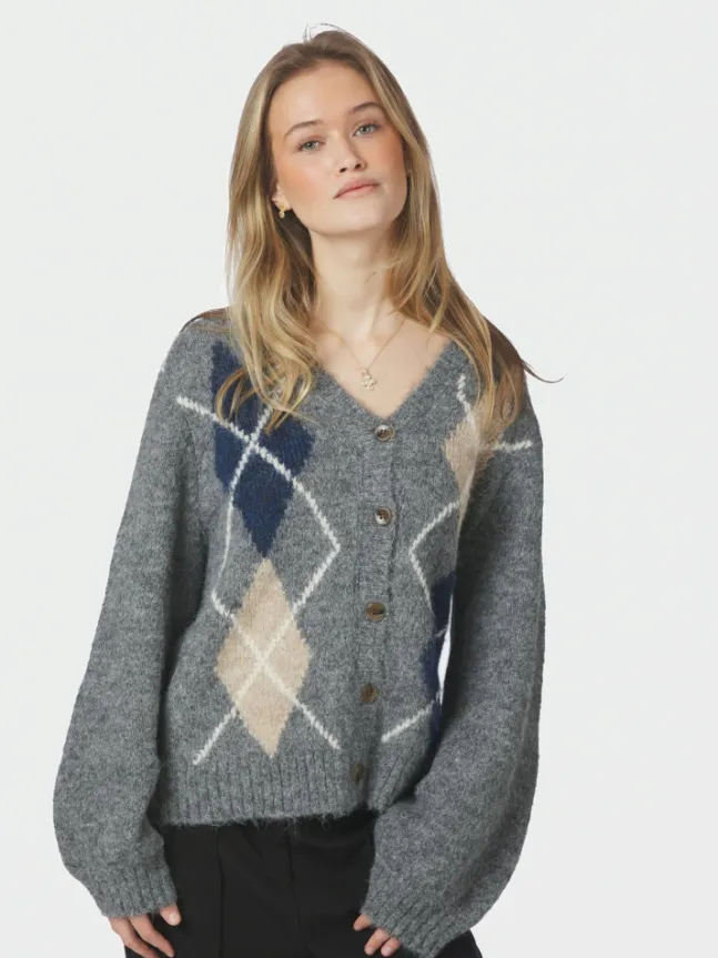 Beleney Small Check Fluff Cardigan Dark Grey