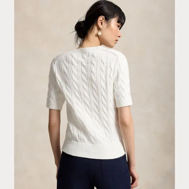 Cable Knit Cotton Short Sleeve Cardigan White