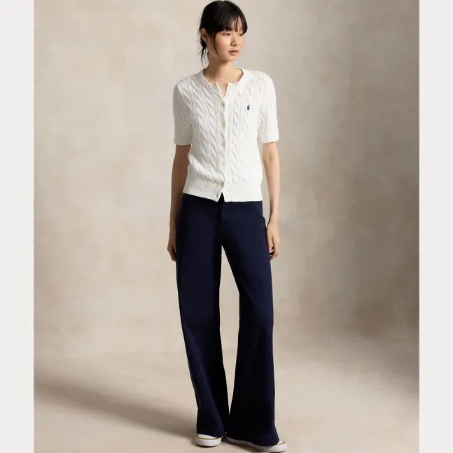 Cable Knit Cotton Short Sleeve Cardigan White