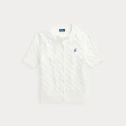 Cable Knit Cotton Short Sleeve Cardigan White