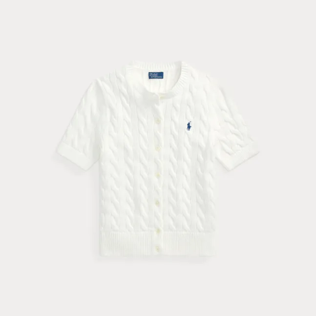 Cable Knit Cotton Short Sleeve Cardigan White