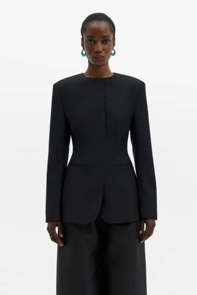 Carol Collarless Wool-Silk Evening Blazer Black
