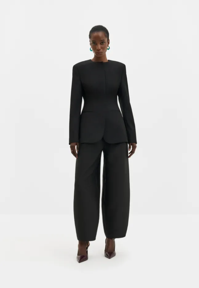 Carol Collarless Wool-Silk Evening Blazer Black
