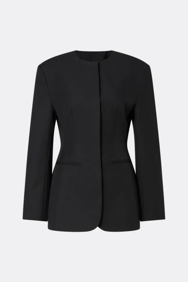 Carol Collarless Wool-Silk Evening Blazer Black