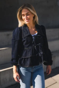 Celina LS Denim Tie Top Dark Blue Denim