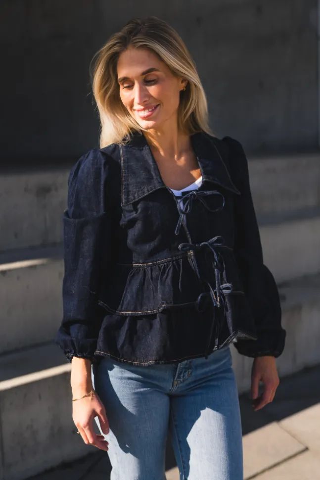 Celina LS Denim Tie Top Dark Blue Denim