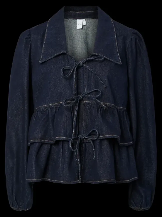 Celina LS Denim Tie Top Dark Blue Denim