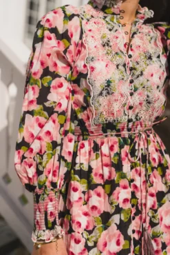 Cotton Slub Midi Dress Rose Bouquet