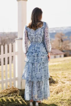 Denila Crepe Print Dress Dusty Blue