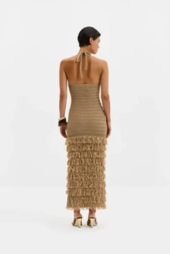 Elissa Halterneck Fringe Maxi Dress Sand