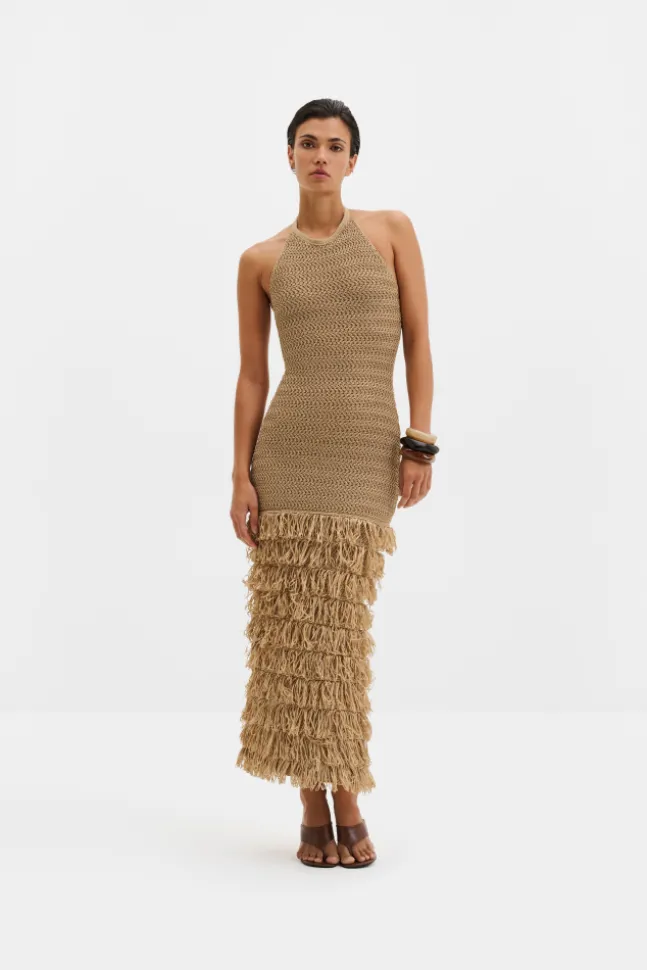 Elissa Halterneck Fringe Maxi Dress Sand