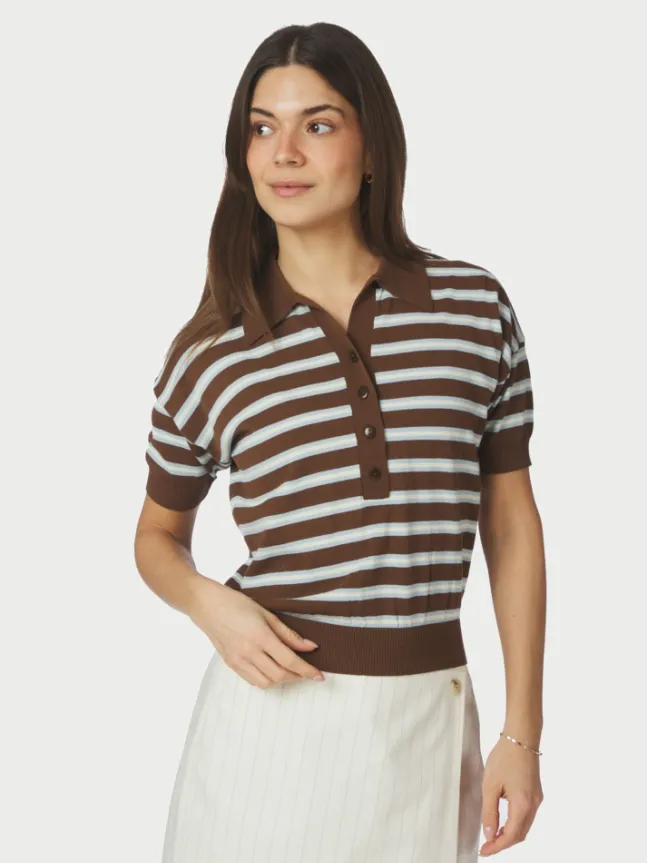 Emira Knit Polo Top Dark Brown