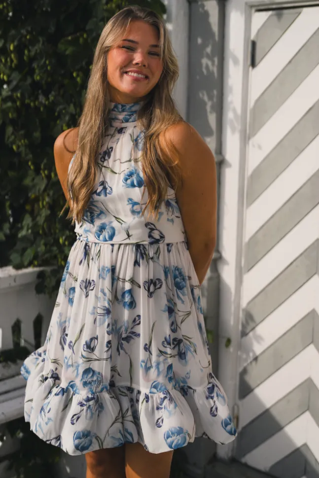 Fern Halterneck Ruffled Mini Dress Tulip Blue