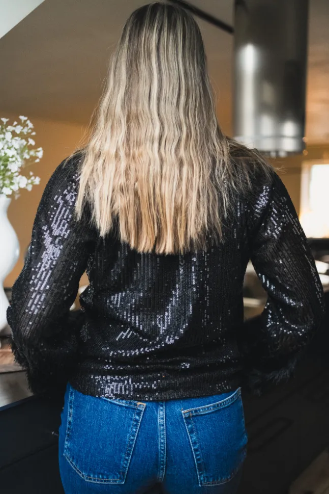 Flow LS V-Neck Sequin Top Black