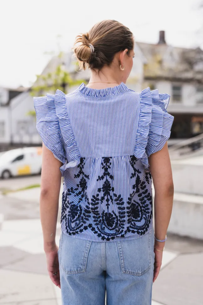 Jayla Stripe Embroidery Top Blue