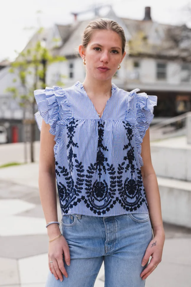 Jayla Stripe Embroidery Top Blue