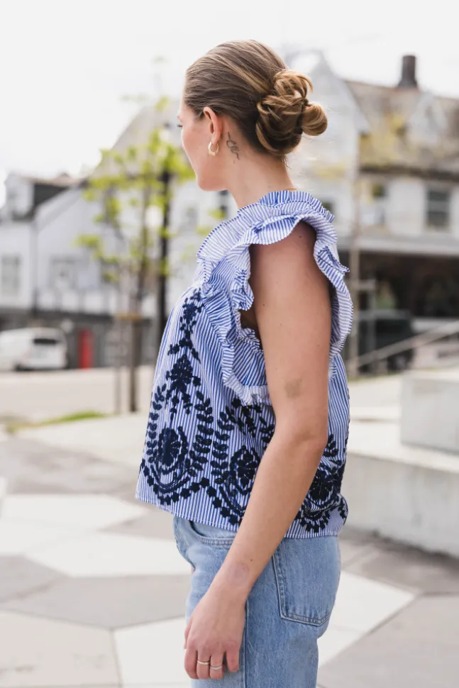 Jayla Stripe Embroidery Top Blue