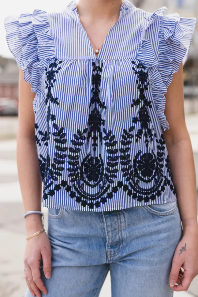 Jayla Stripe Embroidery Top Blue