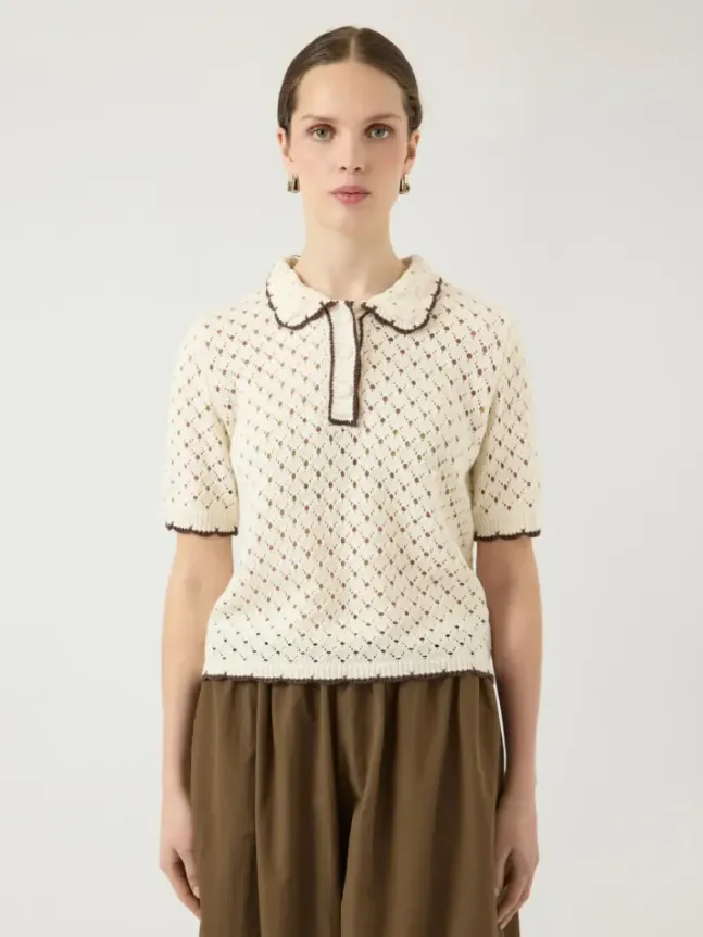 Lingo LS Knit Polo Top Pristine W Brown Edges