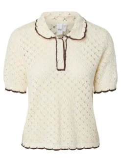 Lingo LS Knit Polo Top Pristine W Brown Edges
