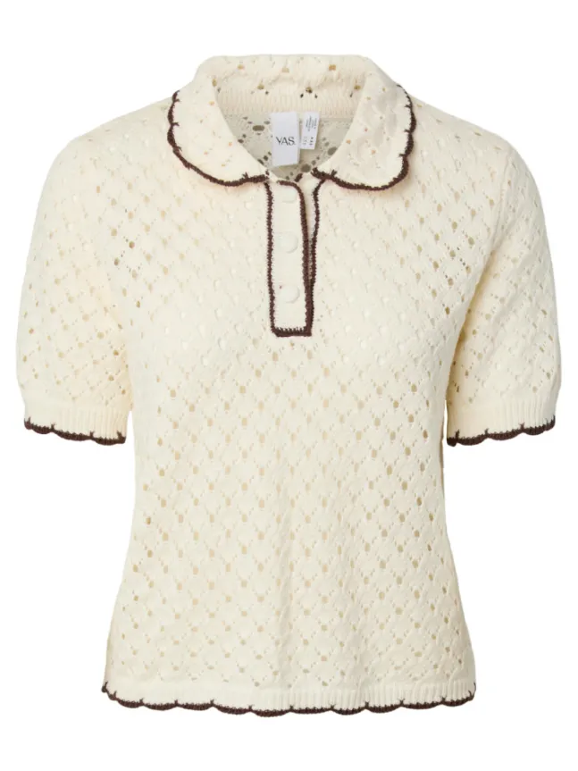 Lingo LS Knit Polo Top Pristine W Brown Edges