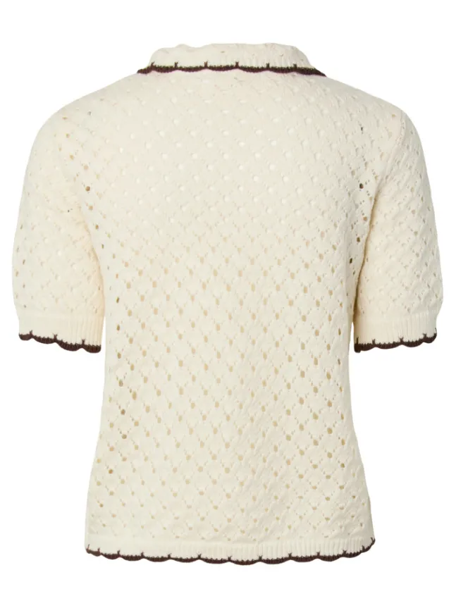 Lingo LS Knit Polo Top Pristine W Brown Edges