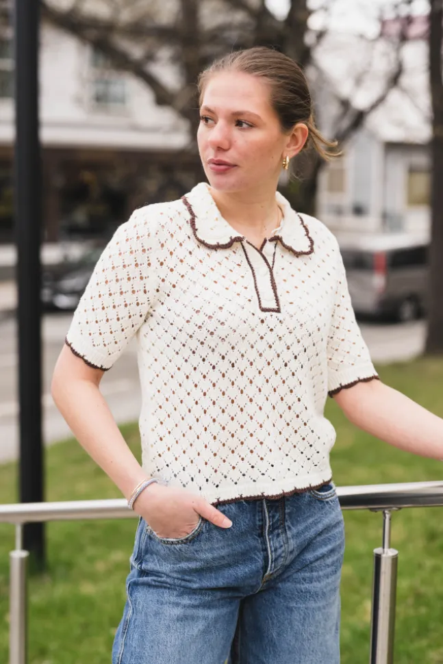 Lingo LS Knit Polo Top Pristine W Brown Edges