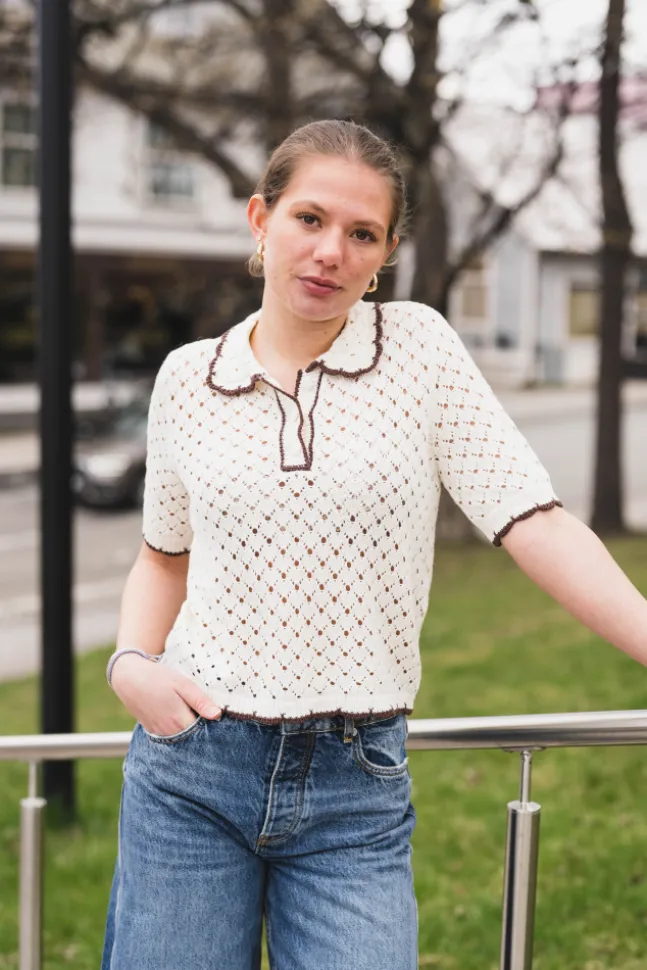 Lingo LS Knit Polo Top Pristine W Brown Edges