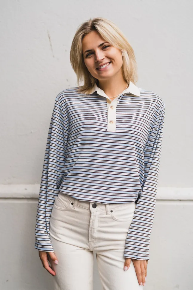 Lirenne Striped Polo Blouse Light Blue