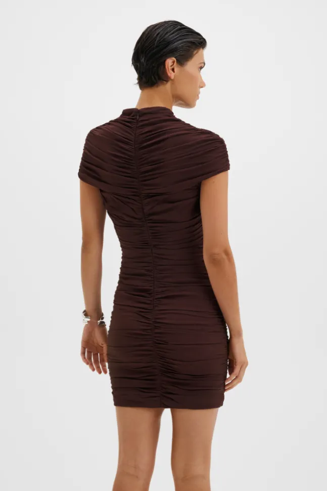 Loana Draped Chiffon Mini Dress Espresso