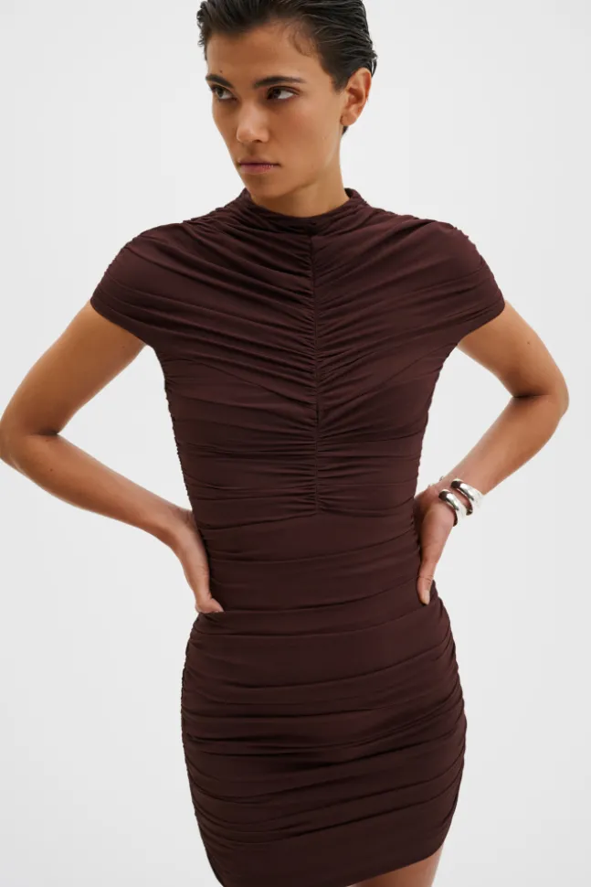 Loana Draped Chiffon Mini Dress Espresso