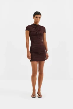 Loana Draped Chiffon Mini Dress Espresso