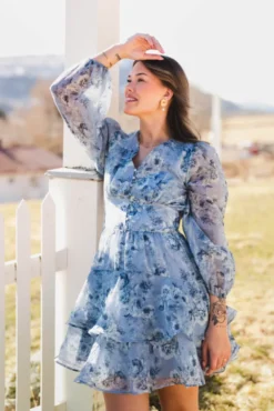 Mabella Crepe Print Dress Dusty Blue