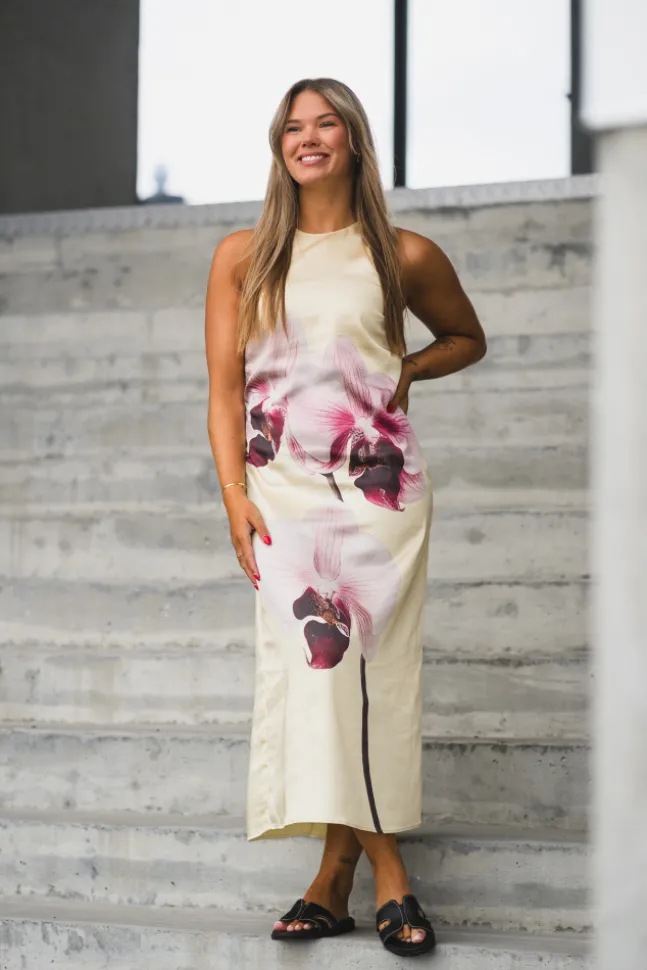 Orchida Satin Long Dress Anise Flower