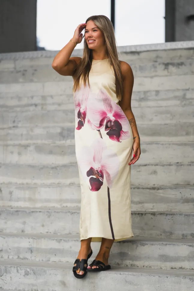Orchida Satin Long Dress Anise Flower