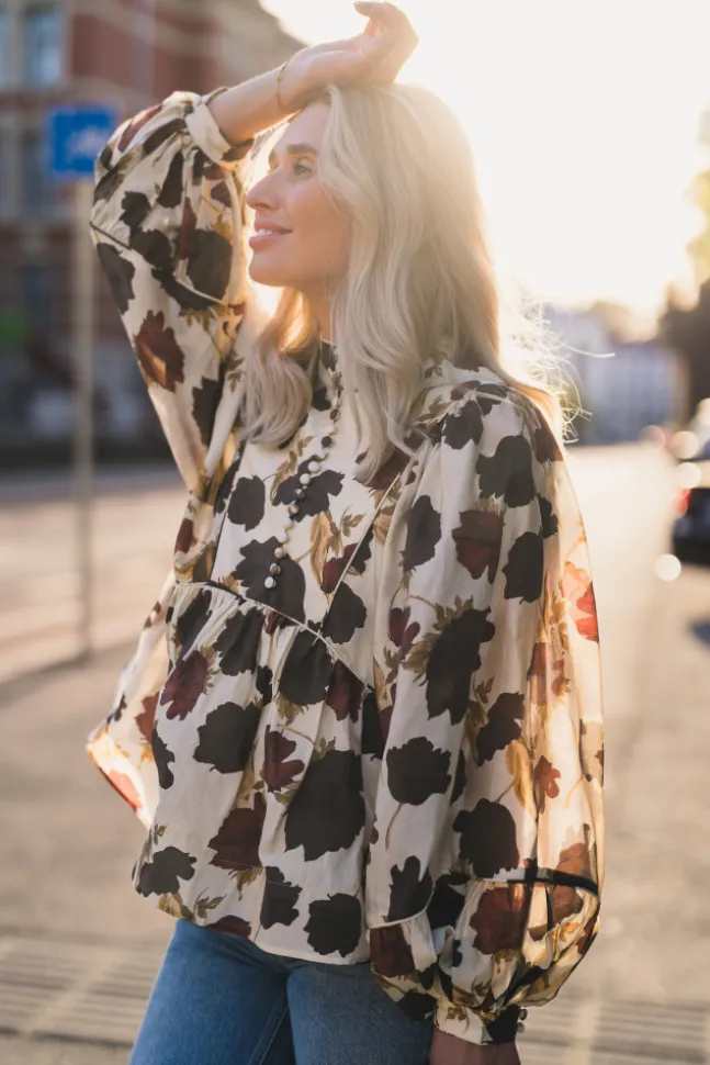 Pernilla High Neck Balloon Sleeve Blouse Wine Peony