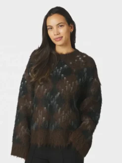 Roeme Check Fluffy Knit Blouse Dark Brown