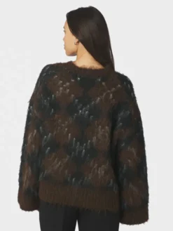 Roeme Check Fluffy Knit Blouse Dark Brown