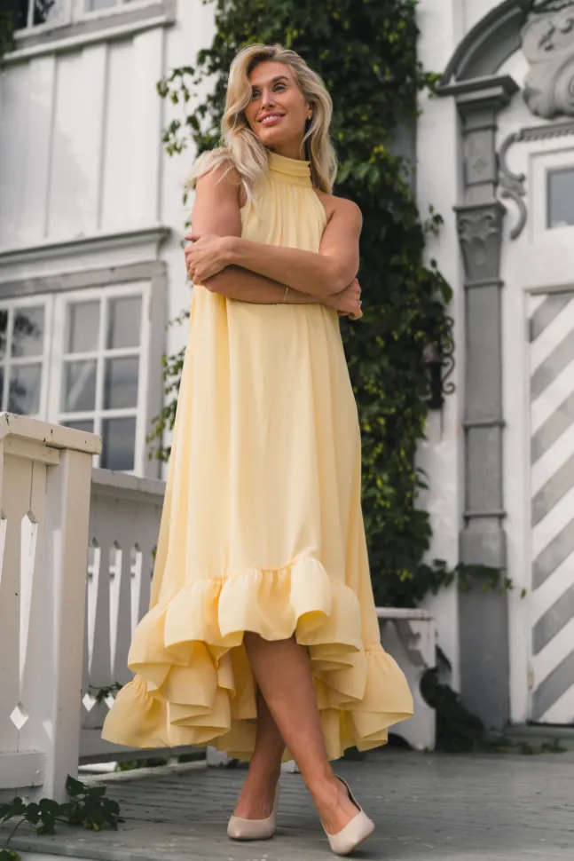 Sabrina Halterneck Ruffled Midi Dress Light Lemon