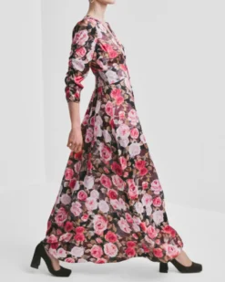 Satin Button-Down Dress Midnight Roses