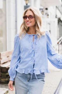 Seersucker Bow Blouse Blue Checks