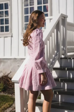 Seersucker Pleated Dress Pink Stripe