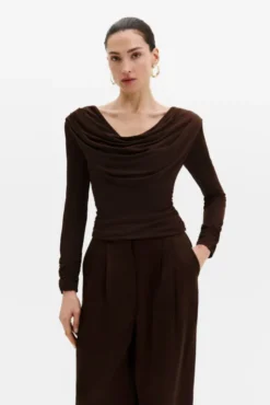 Signe Cowl Neck Jersey Top Dark Brown